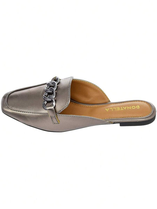 Mule Feminina Bico Quadrado Metalizado - Rasteirinha Chic